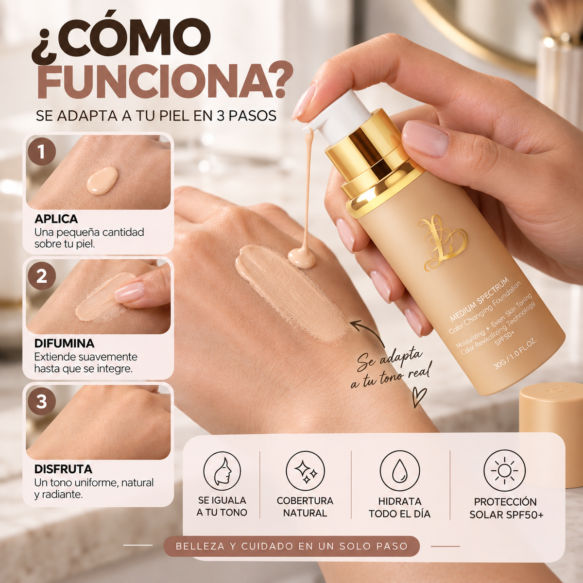 Base Inteligente 4en1 - Iguala tu tono, cubre e hidrata tu piel