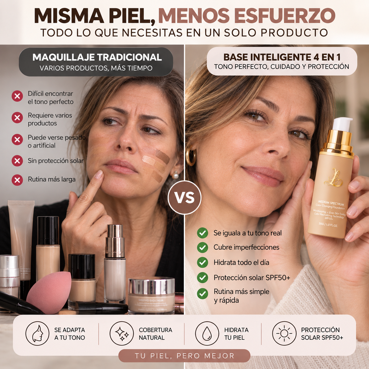 Base Inteligente 4en1 - Iguala tu tono, cubre e hidrata tu piel